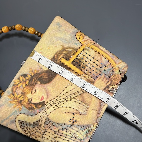 Very cool Vintage Cigar Box Bag beaded angel playing harp image wood bead handle - Picture 7 of 9